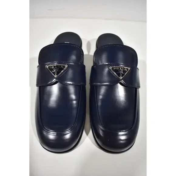 Prada Navy Blue Leather Triangle Silver Logo Loafer Slip On Slide Mule Flat 36.5
